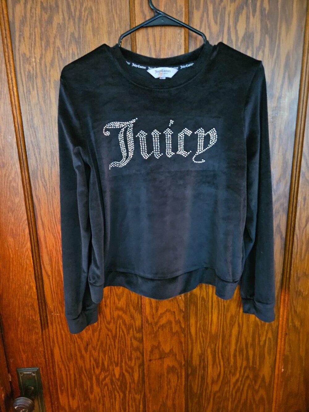 Juicy Couture T-Shirt Womens L Black Crewneck Long Sleeve Velour Rhinestone Logo